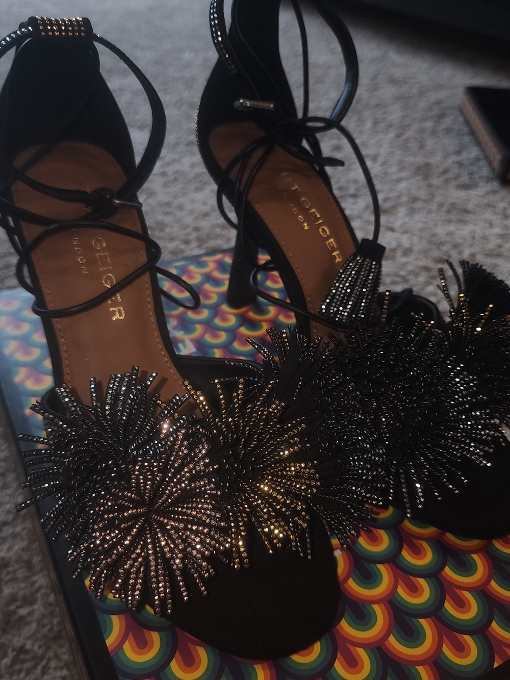 Kurt Geiger Black Pom-Pom Embellished Lace-Up Heels - Picture 2 of 11